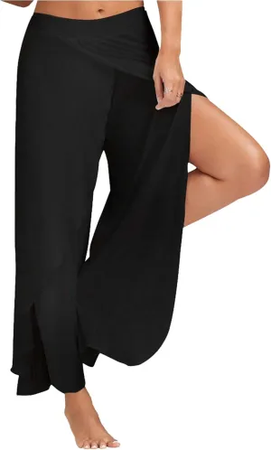 Andongnywell Women High Slit Flowy Layered Palazzo Pants High Slit Harem Pants High Waisted Workout Split Joggers