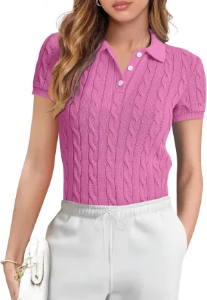 ANRABESS Women's Short Sleeve Sweaters Tops Polo V Neck Button Cable Knit Pullover Business Shirts 2025 Summer Casual Outfits
