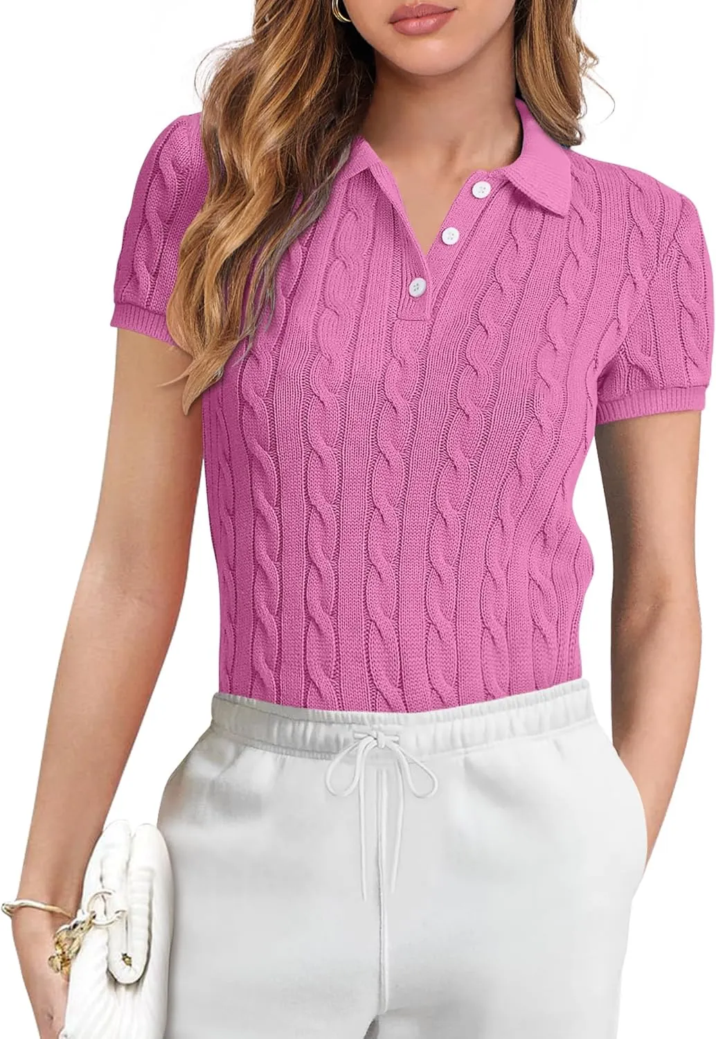 ANRABESS Women's Short Sleeve Sweaters Tops Polo V Neck Button Cable Knit Pullover Business Shirts 2025 Summer Casual Outfits