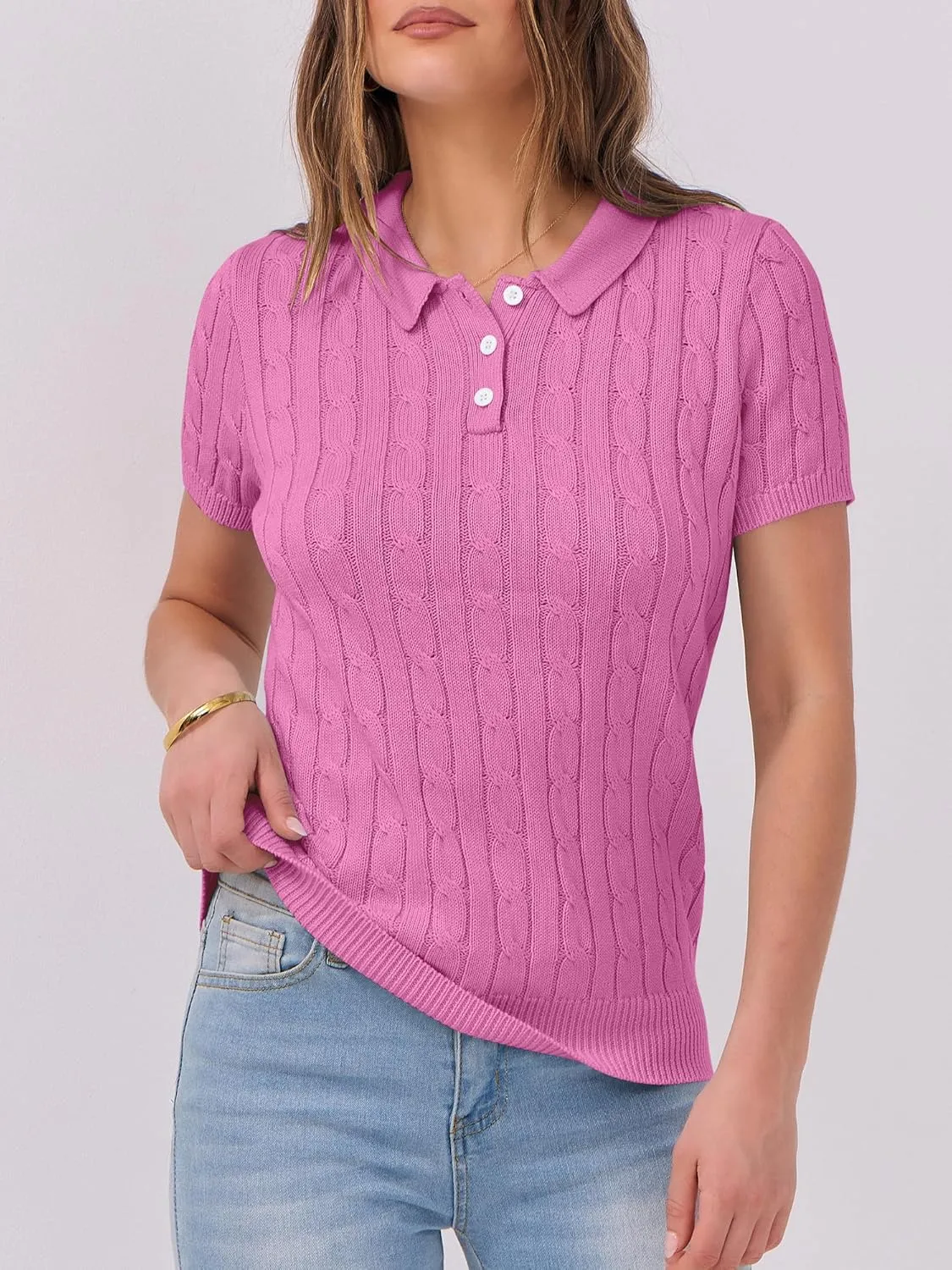 ANRABESS Women's Short Sleeve Sweaters Tops Polo V Neck Button Cable Knit Pullover Business Shirts 2025 Summer Casual Outfits