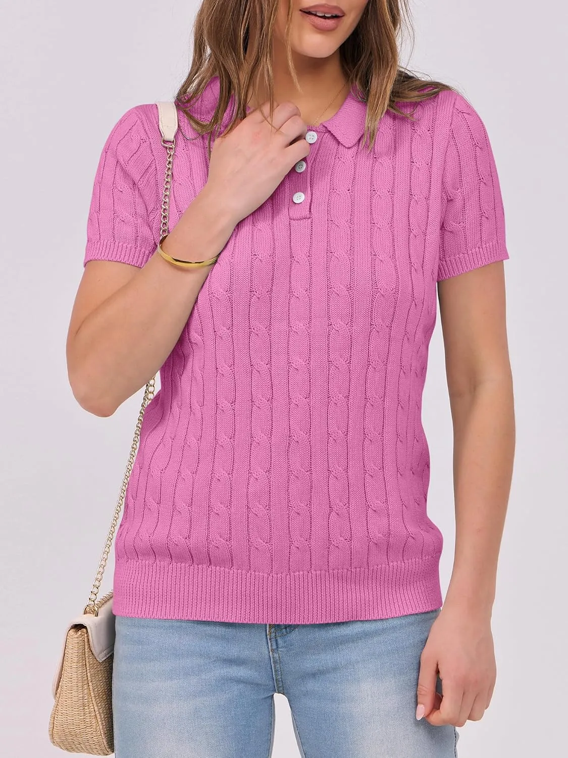 ANRABESS Women's Short Sleeve Sweaters Tops Polo V Neck Button Cable Knit Pullover Business Shirts 2025 Summer Casual Outfits