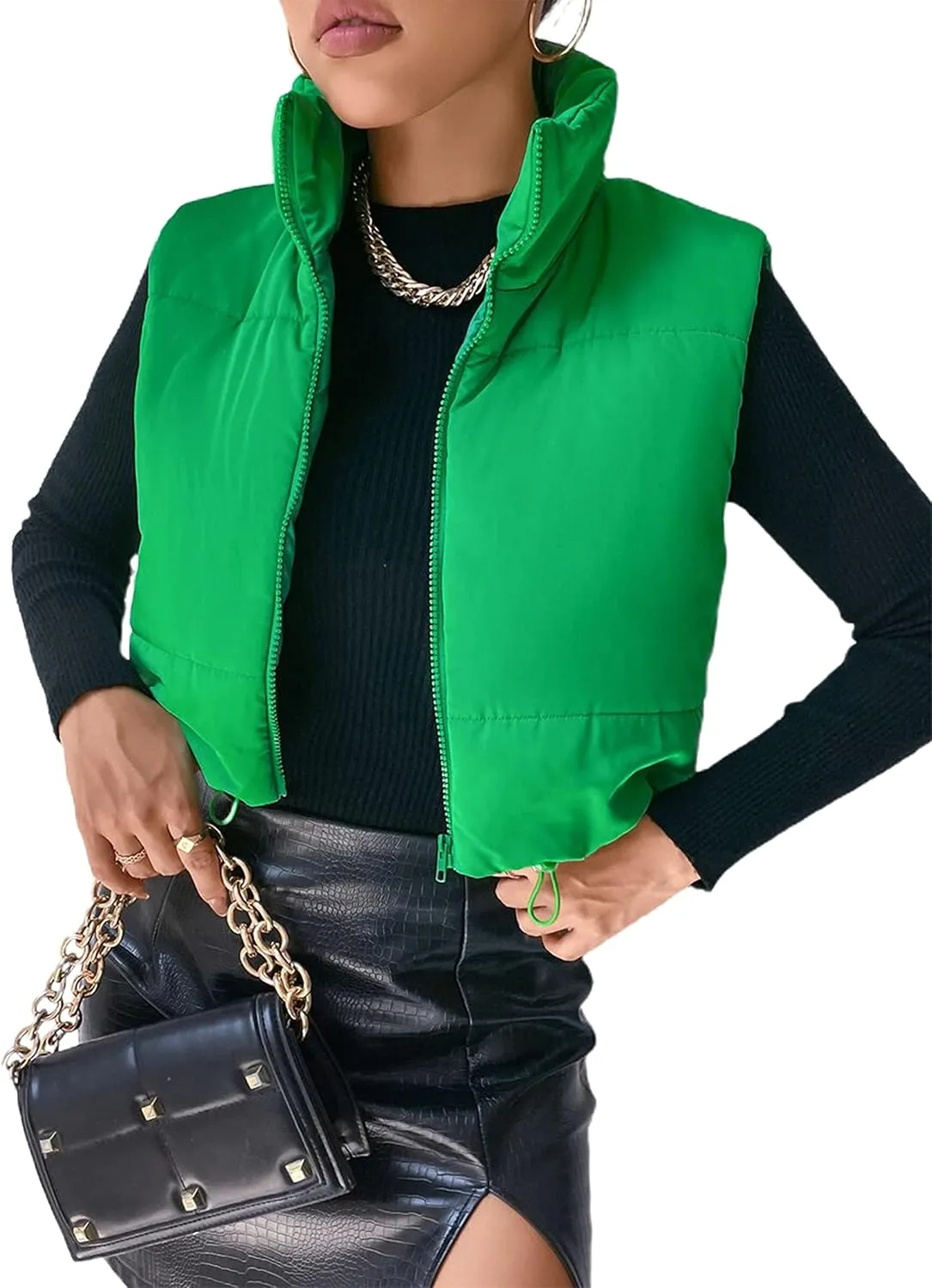 APAFES Womens Winter Cropped Puffer Vest High Stand Collar Lightweight Insulated Crop Vests Outerwear