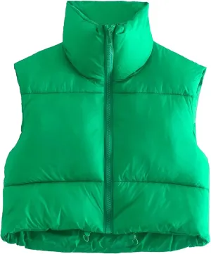 APAFES Womens Winter Cropped Puffer Vest High Stand Collar Lightweight Insulated Crop Vests Outerwear