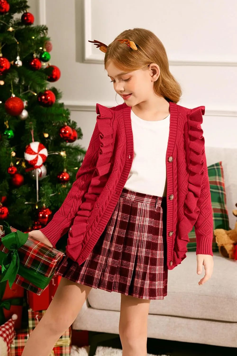 Arshiner Girls Cardigan Sweaters Ruffle School Uniform Sweater V Neck Button Front Outerwear 4-13 Years
