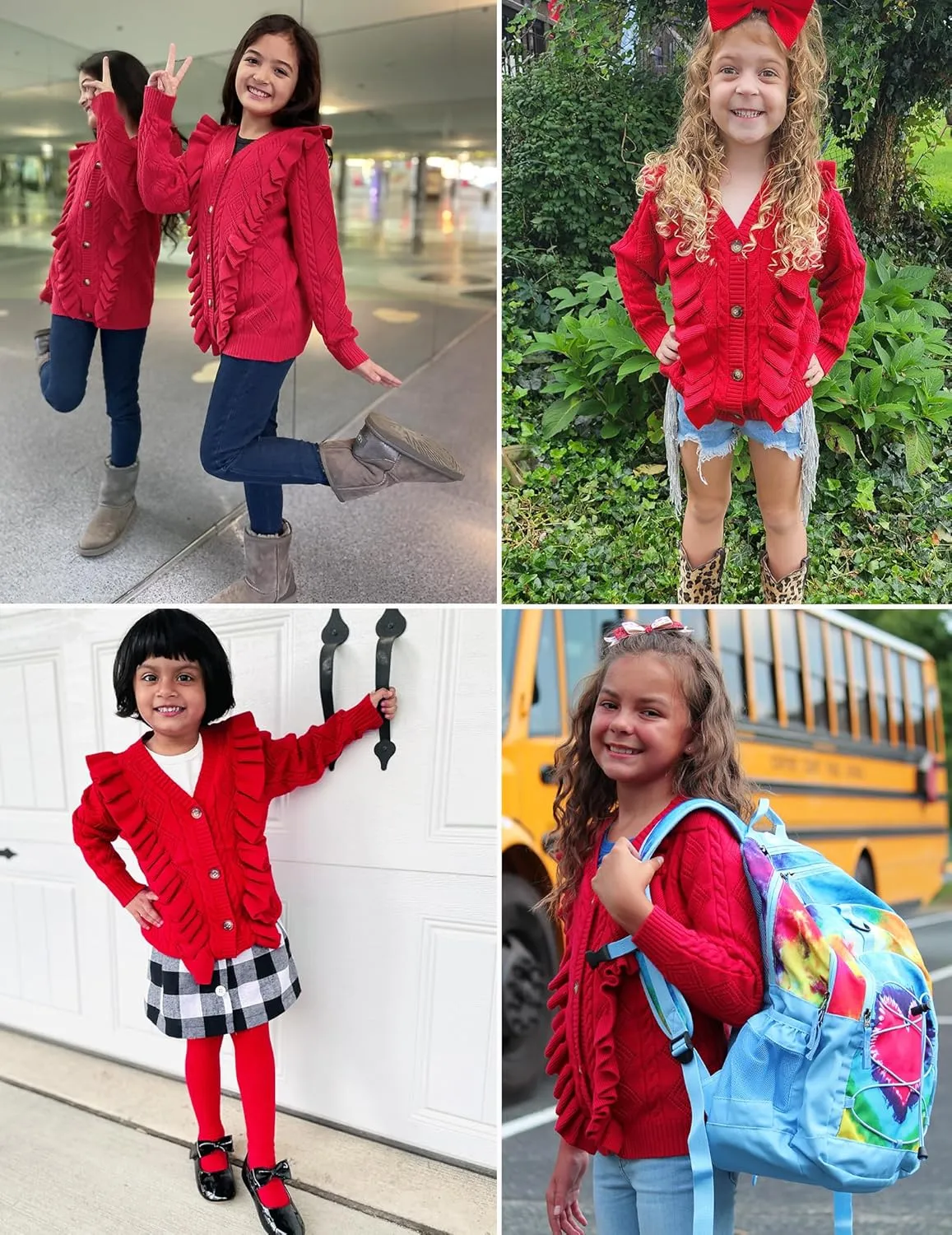Arshiner Girls Cardigan Sweaters Ruffle School Uniform Sweater V Neck Button Front Outerwear 4-13 Years
