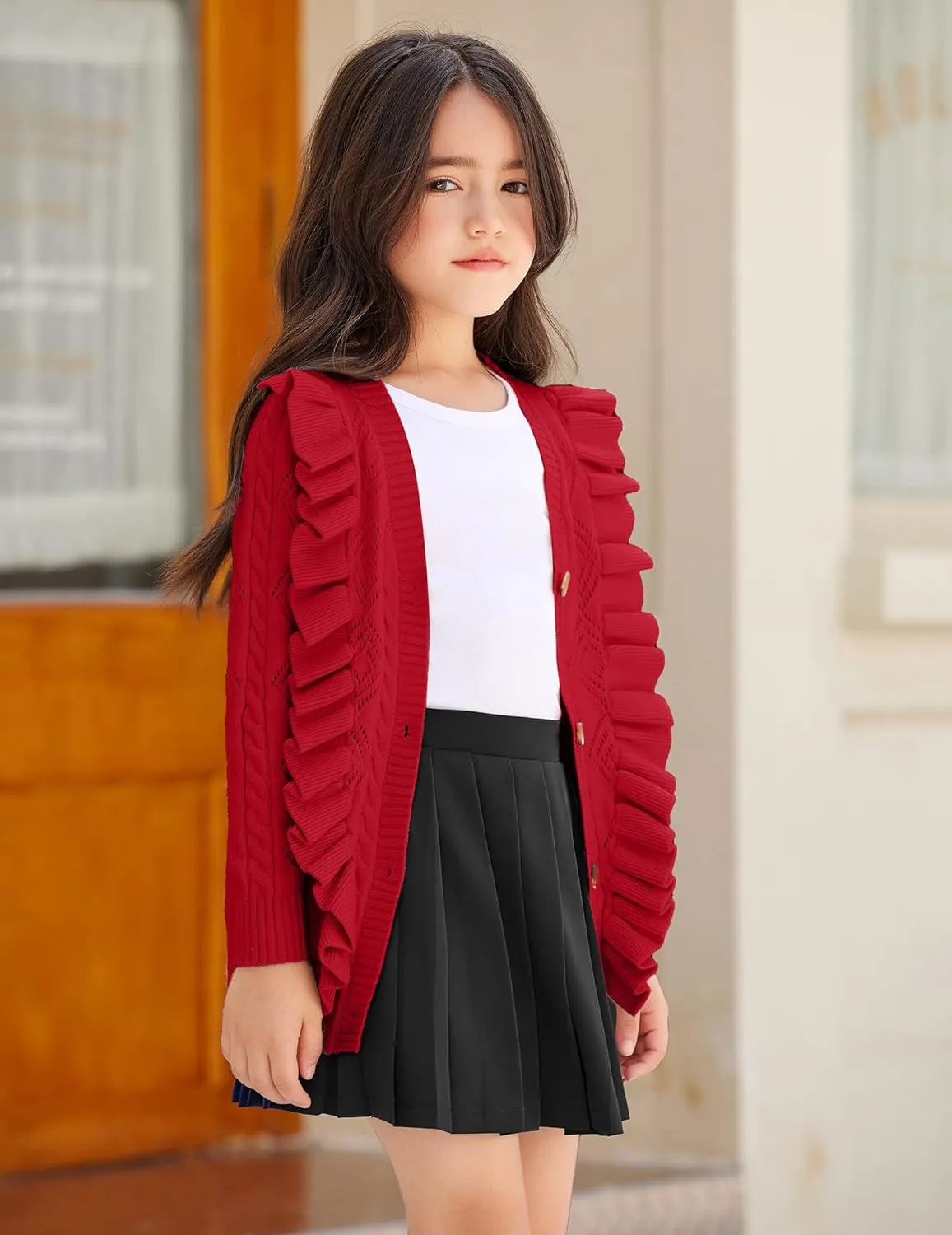 Arshiner Girls Cardigan Sweaters Ruffle School Uniform Sweater V Neck Button Front Outerwear 4-13 Years