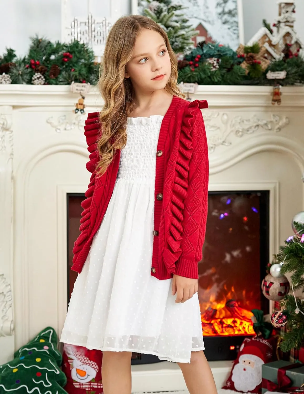 Arshiner Girls Cardigan Sweaters Ruffle School Uniform Sweater V Neck Button Front Outerwear 4-13 Years