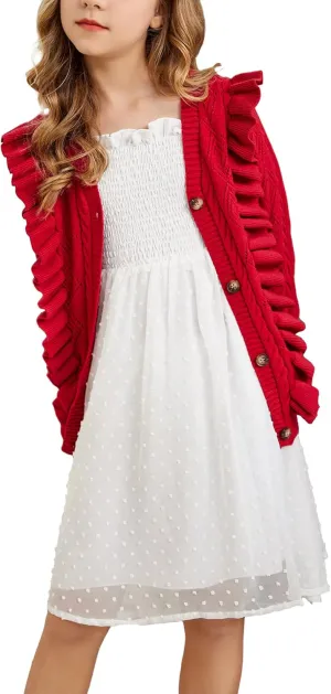 Arshiner Girls Cardigan Sweaters Ruffle School Uniform Sweater V Neck Button Front Outerwear 4-13 Years