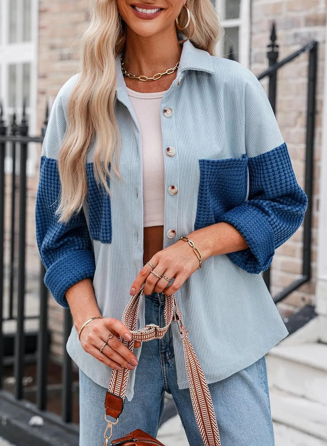 Astylish Womens 2024 Corduroy Shacket Color Block Waffle Jackets Casual Long Sleeve Button Down Shirts Coat