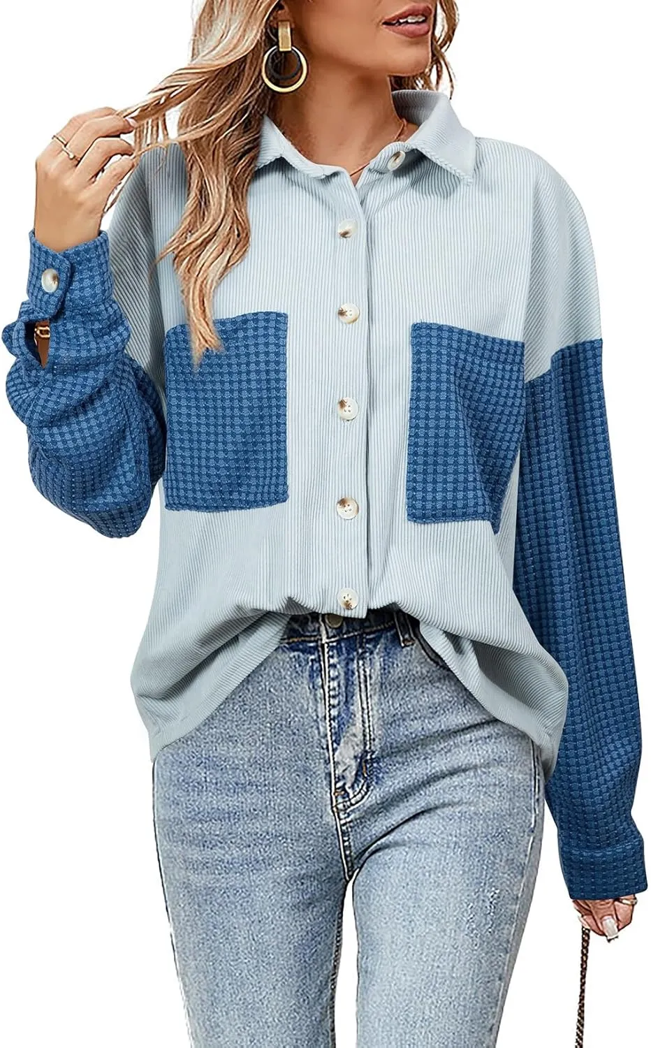 Astylish Womens 2024 Corduroy Shacket Color Block Waffle Jackets Casual Long Sleeve Button Down Shirts Coat