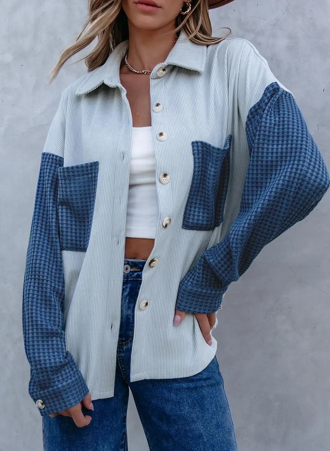 Astylish Womens 2024 Corduroy Shacket Color Block Waffle Jackets Casual Long Sleeve Button Down Shirts Coat