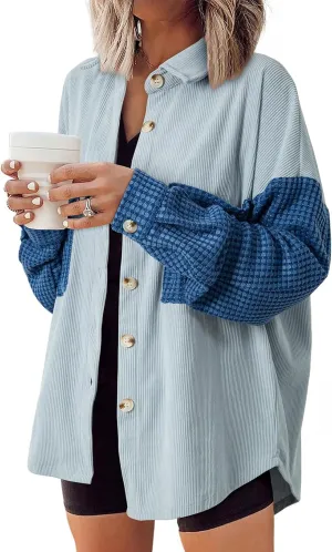 Astylish Womens 2024 Corduroy Shacket Color Block Waffle Jackets Casual Long Sleeve Button Down Shirts Coat