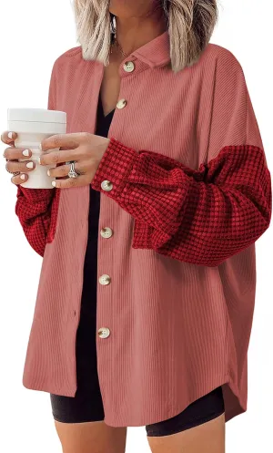 Astylish Womens 2024 Corduroy Shacket Color Block Waffle Jackets Casual Long Sleeve Button Down Shirts Coat