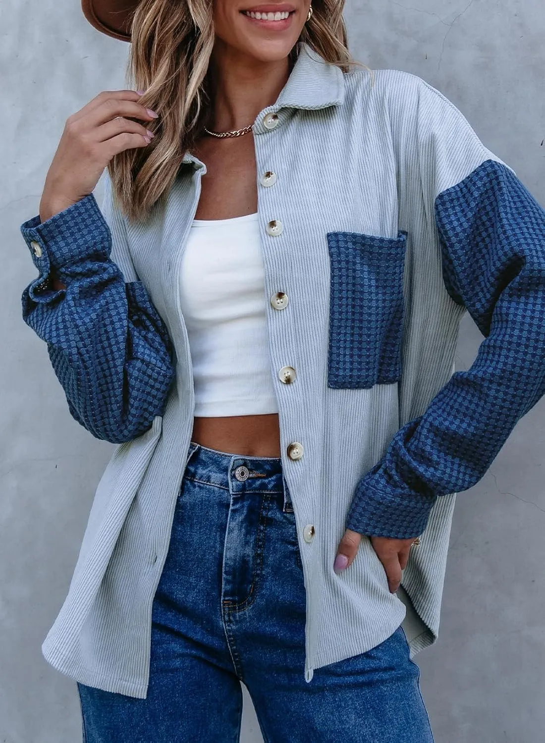 Astylish Womens 2024 Corduroy Shacket Color Block Waffle Jackets Casual Long Sleeve Button Down Shirts Coat