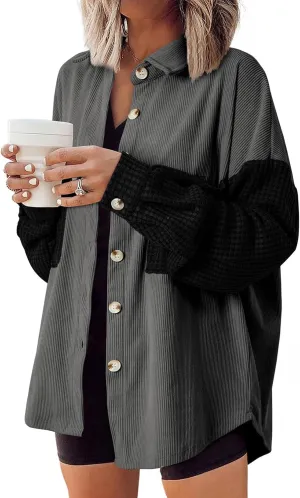 Astylish Womens 2024 Corduroy Shacket Color Block Waffle Jackets Casual Long Sleeve Button Down Shirts Coat