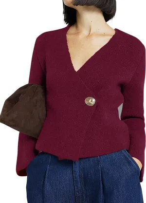 Asymmetric Button Up Cardigans Sweaters for Women Elegant V Neck Knit Cropped Sweater Tops 2024 Fall Outfits Trendy