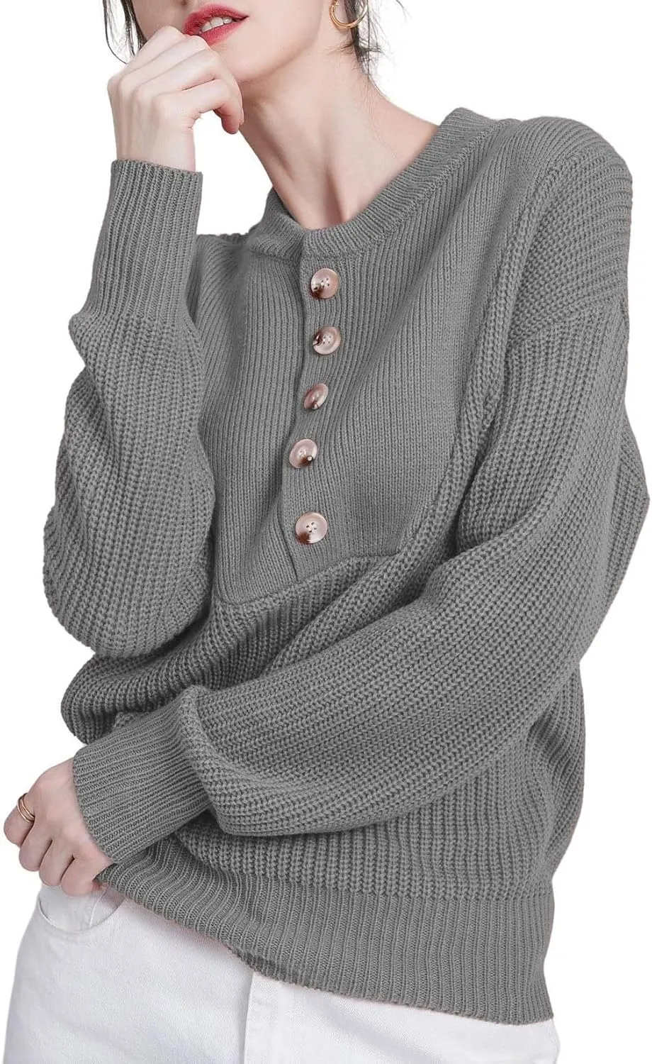 ATHX Women's Oversized Pullover Sweater 2024 Trendy Crewneck Long Sleeve Knit Sweater Warm Pullover Sweater Top