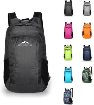 Authentic Joy 20L Water Resistant Lightweight Hiking Daypack, Packable Backpack, Multiple Colors (Black)