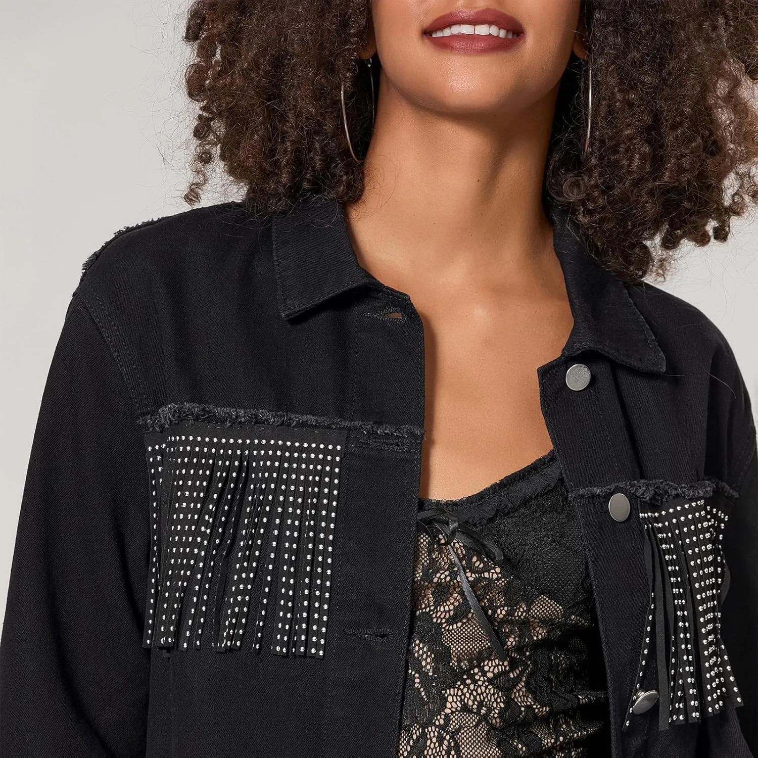 Awoscut Women Fringe Trim Drop Shoulder Denim Jacket Distressed Western Cowgirl Shacket Jackets Fall Outwear Coats