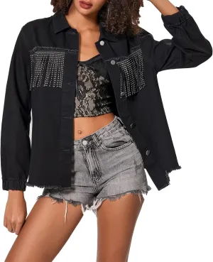 Awoscut Women Fringe Trim Drop Shoulder Denim Jacket Distressed Western Cowgirl Shacket Jackets Fall Outwear Coats