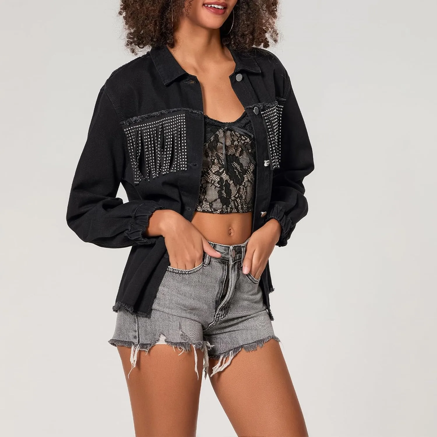 Awoscut Women Fringe Trim Drop Shoulder Denim Jacket Distressed Western Cowgirl Shacket Jackets Fall Outwear Coats