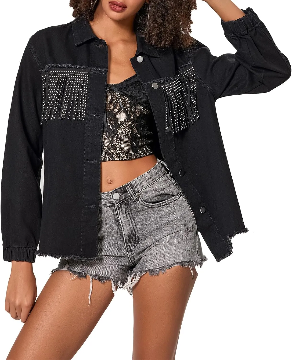 Awoscut Women Fringe Trim Drop Shoulder Denim Jacket Distressed Western Cowgirl Shacket Jackets Fall Outwear Coats