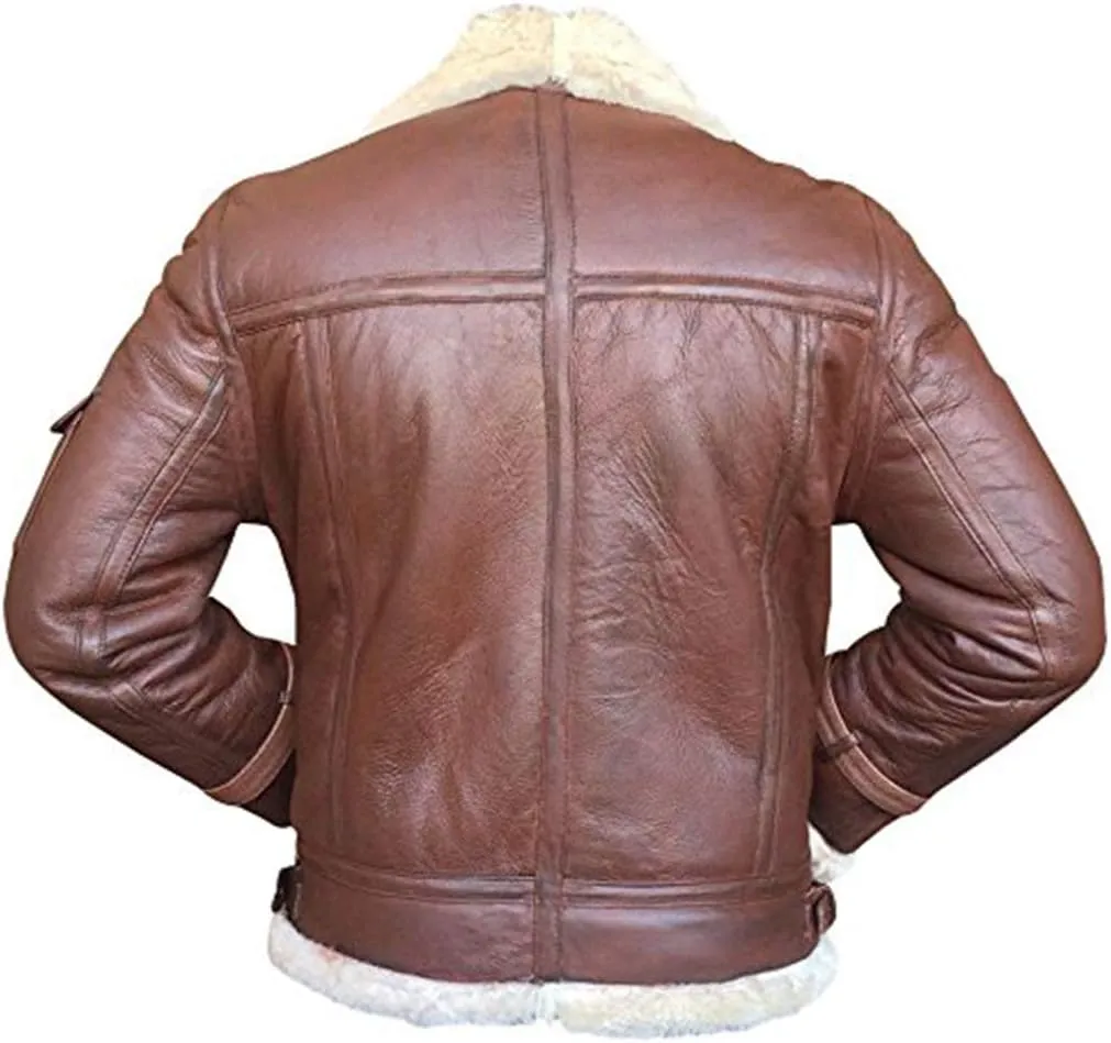 B3 RAF Aviator Pilot Flying Fur Shearling Bomber Sheepskin Leather Jacket Black/Brown
