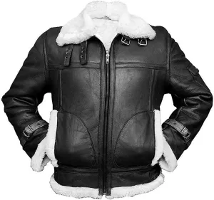 B3 RAF Aviator Pilot Flying Fur Shearling Bomber Sheepskin Leather Jacket Black/Brown