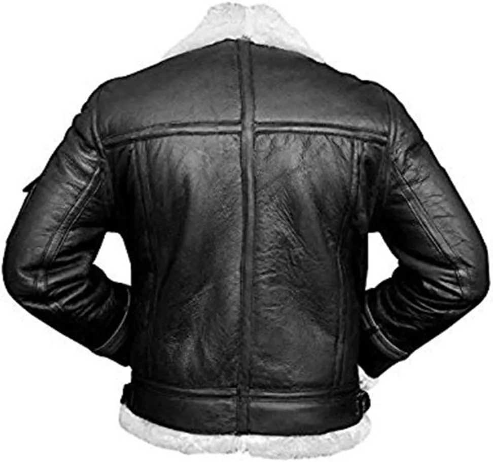 B3 RAF Aviator Pilot Flying Fur Shearling Bomber Sheepskin Leather Jacket Black/Brown