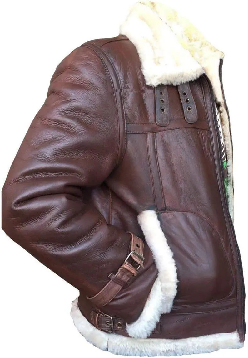 B3 RAF Aviator Pilot Flying Fur Shearling Bomber Sheepskin Leather Jacket Black/Brown