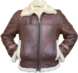 B3 RAF Aviator Pilot Flying Fur Shearling Bomber Sheepskin Leather Jacket Black/Brown