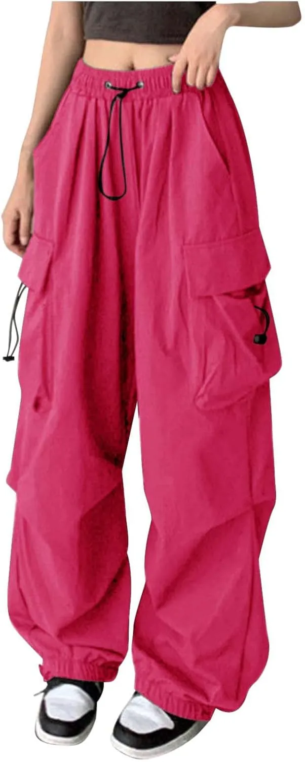 Baggy Parachute Pants for Women 2025 Elastic High Waist Cargo Pant Multiple Pockets Jogger Y2K Summer Quick Dry Trousers