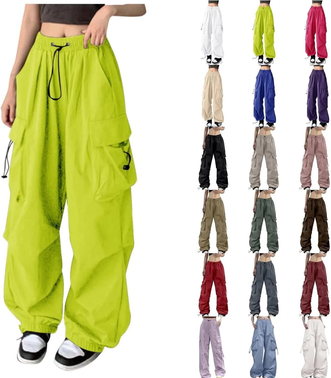 Baggy Parachute Pants for Women 2025 Elastic High Waist Cargo Pant Multiple Pockets Jogger Y2K Summer Quick Dry Trousers