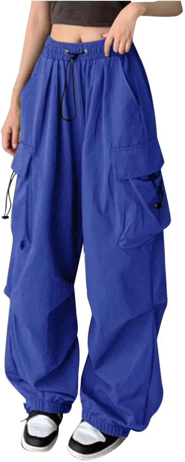 Baggy Parachute Pants for Women 2025 Elastic High Waist Cargo Pant Multiple Pockets Jogger Y2K Summer Quick Dry Trousers