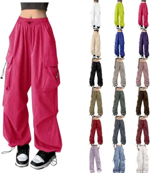 Baggy Parachute Pants for Women 2025 Elastic High Waist Cargo Pant Multiple Pockets Jogger Y2K Summer Quick Dry Trousers