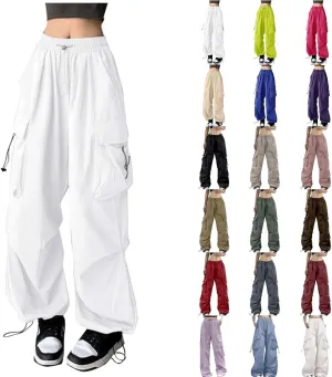 Baggy Parachute Pants for Women 2025 Elastic High Waist Cargo Pant Multiple Pockets Jogger Y2K Summer Quick Dry Trousers