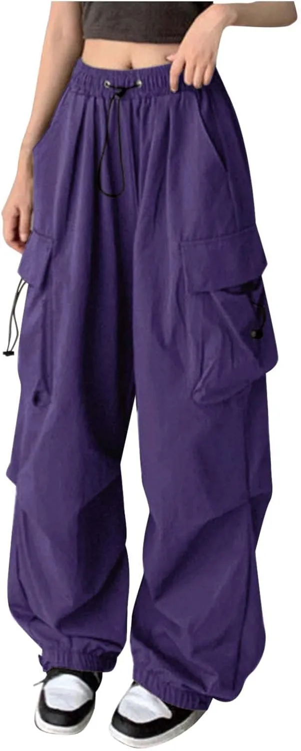 Baggy Parachute Pants for Women 2025 Elastic High Waist Cargo Pant Multiple Pockets Jogger Y2K Summer Quick Dry Trousers