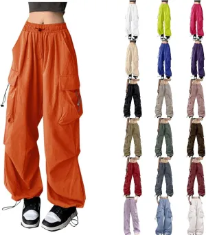 Baggy Parachute Pants for Women 2025 Elastic High Waist Cargo Pant Multiple Pockets Jogger Y2K Summer Quick Dry Trousers