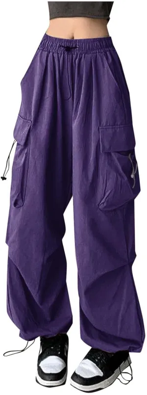 Baggy Parachute Pants for Women 2025 Elastic High Waist Cargo Pant Multiple Pockets Jogger Y2K Summer Quick Dry Trousers