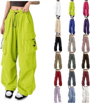 Baggy Parachute Pants for Women 2025 Elastic High Waist Cargo Pant Multiple Pockets Jogger Y2K Summer Quick Dry Trousers