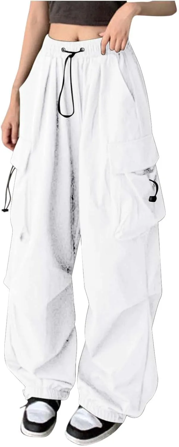 Baggy Parachute Pants for Women 2025 Elastic High Waist Cargo Pant Multiple Pockets Jogger Y2K Summer Quick Dry Trousers