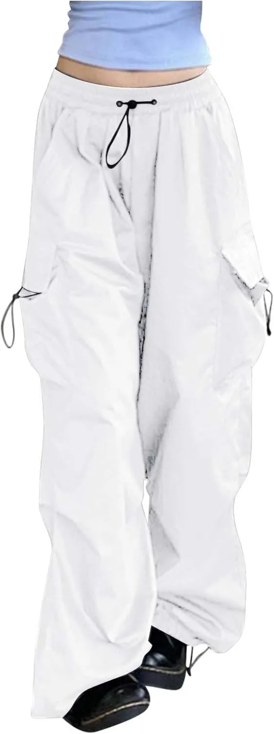 Baggy Parachute Pants for Women 2025 Elastic High Waist Cargo Pant Multiple Pockets Jogger Y2K Summer Quick Dry Trousers
