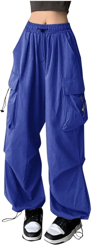 Baggy Parachute Pants for Women 2025 Elastic High Waist Cargo Pant Multiple Pockets Jogger Y2K Summer Quick Dry Trousers