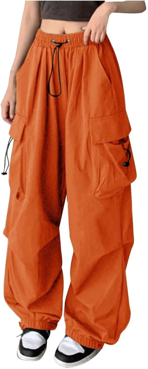 Baggy Parachute Pants for Women 2025 Elastic High Waist Cargo Pant Multiple Pockets Jogger Y2K Summer Quick Dry Trousers
