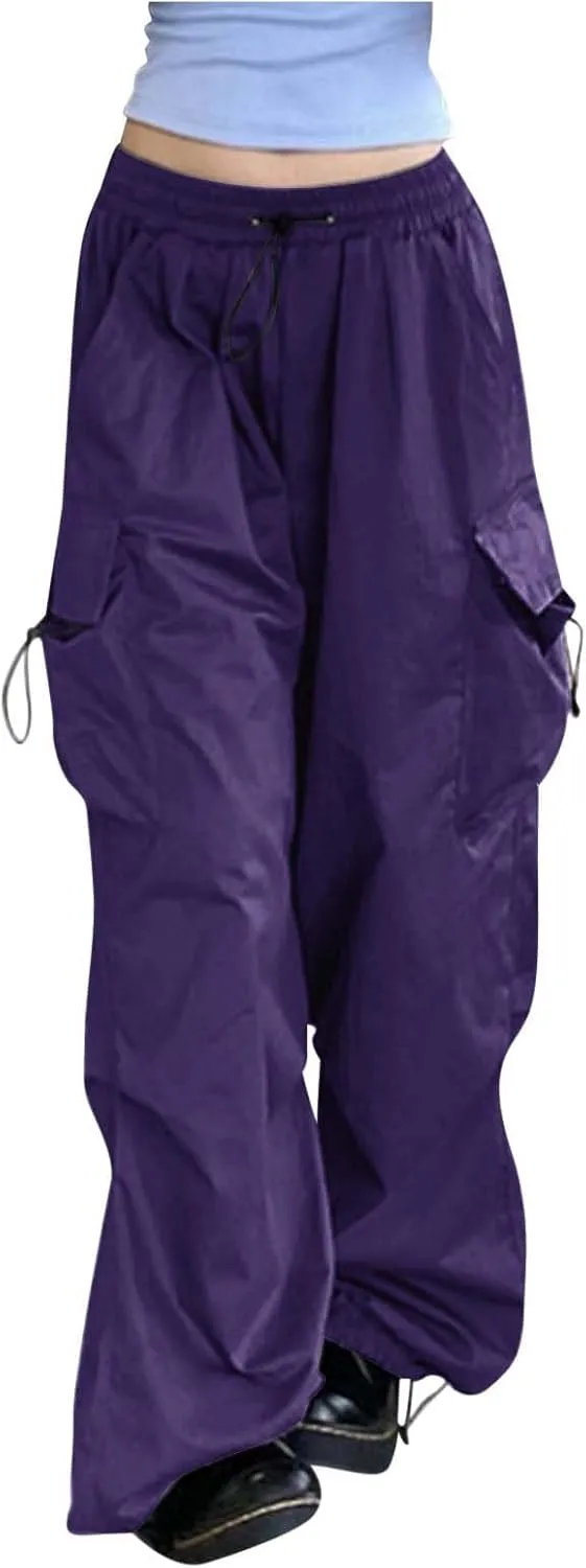 Baggy Parachute Pants for Women 2025 Elastic High Waist Cargo Pant Multiple Pockets Jogger Y2K Summer Quick Dry Trousers