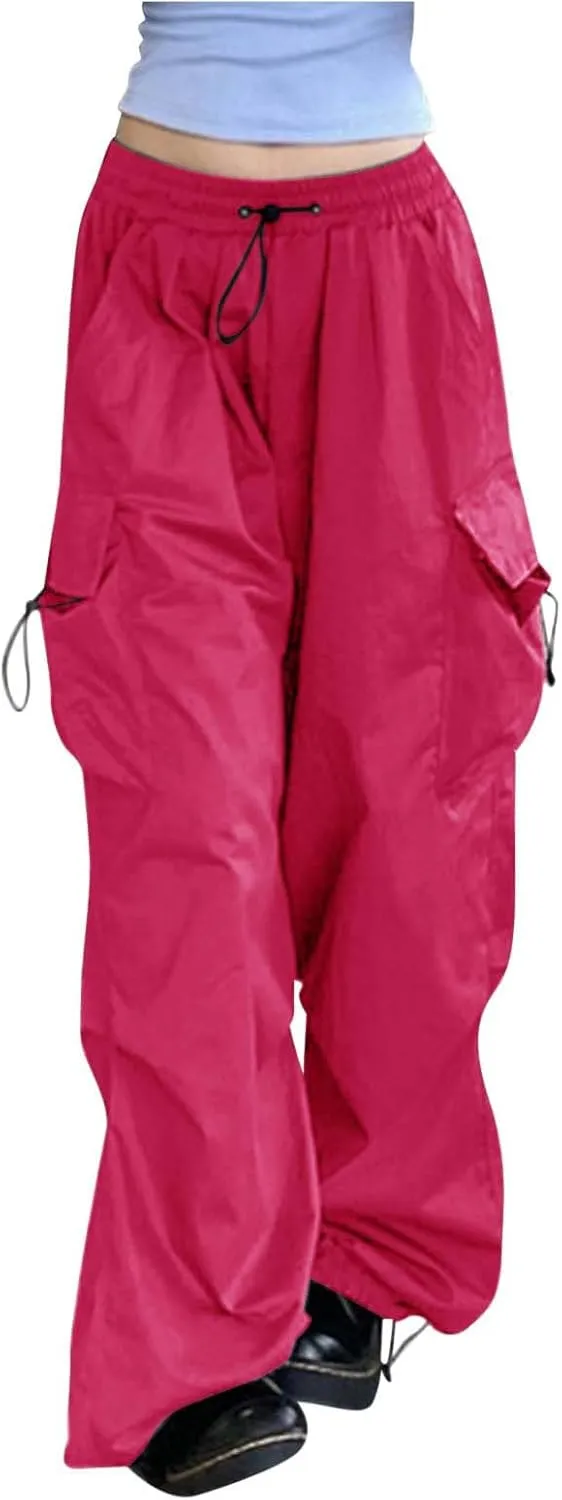 Baggy Parachute Pants for Women 2025 Elastic High Waist Cargo Pant Multiple Pockets Jogger Y2K Summer Quick Dry Trousers
