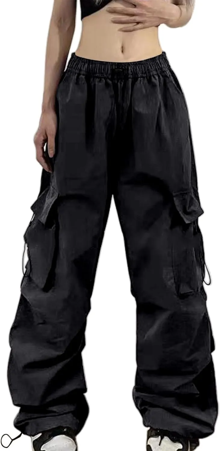 Baggy Parachute Pants for Women Elastic High Waist Lounge Cargo Pants Multiple Pockets Jogger Y2K Quick Dry Pant