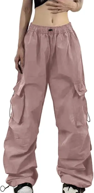 Baggy Parachute Pants for Women Elastic High Waist Lounge Cargo Pants Multiple Pockets Jogger Y2K Quick Dry Pant