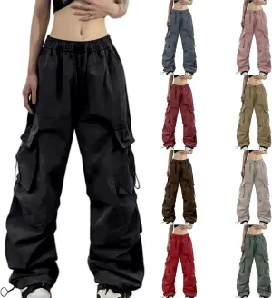 Baggy Parachute Pants for Women Elastic High Waist Lounge Cargo Pants Multiple Pockets Jogger Y2K Quick Dry Pant