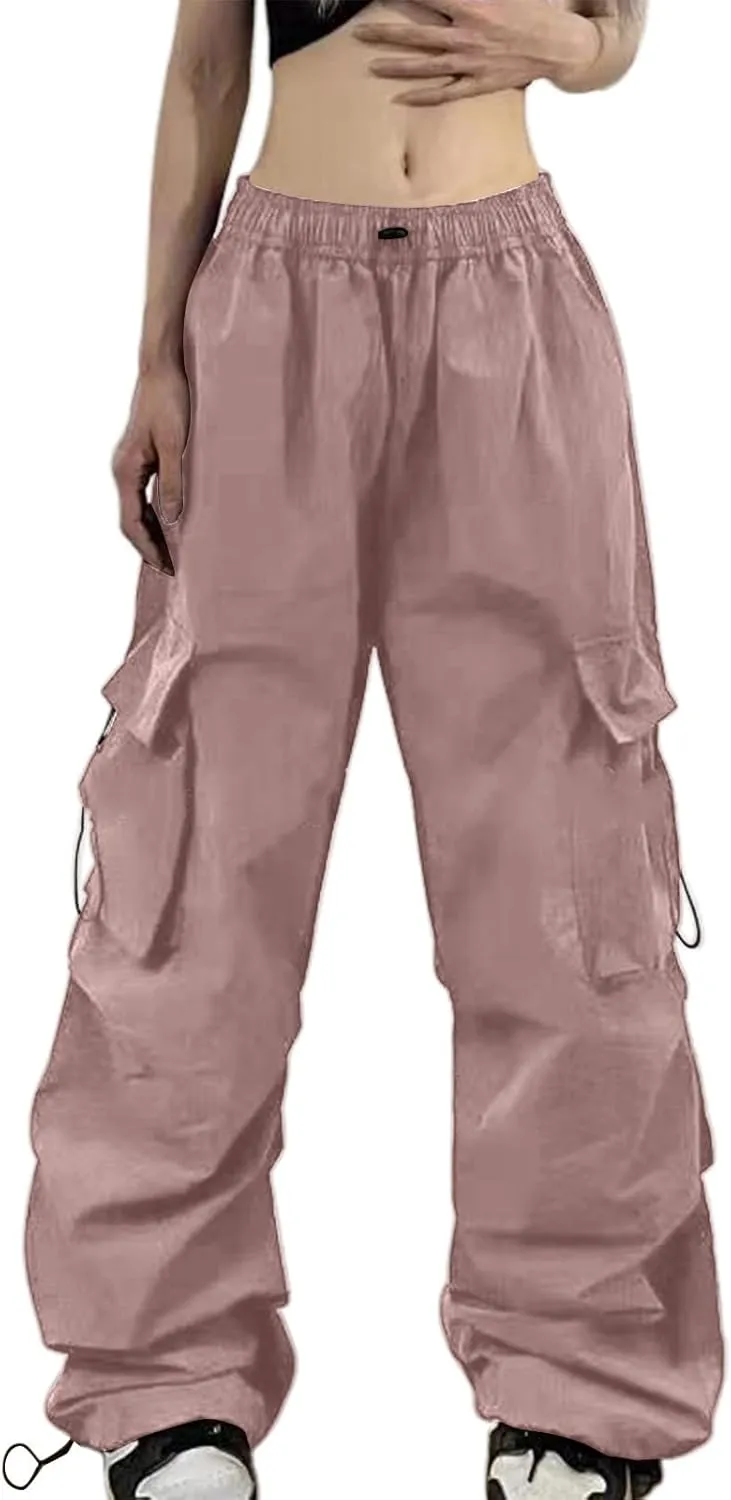 Baggy Parachute Pants for Women Elastic High Waist Lounge Cargo Pants Multiple Pockets Jogger Y2K Quick Dry Pant